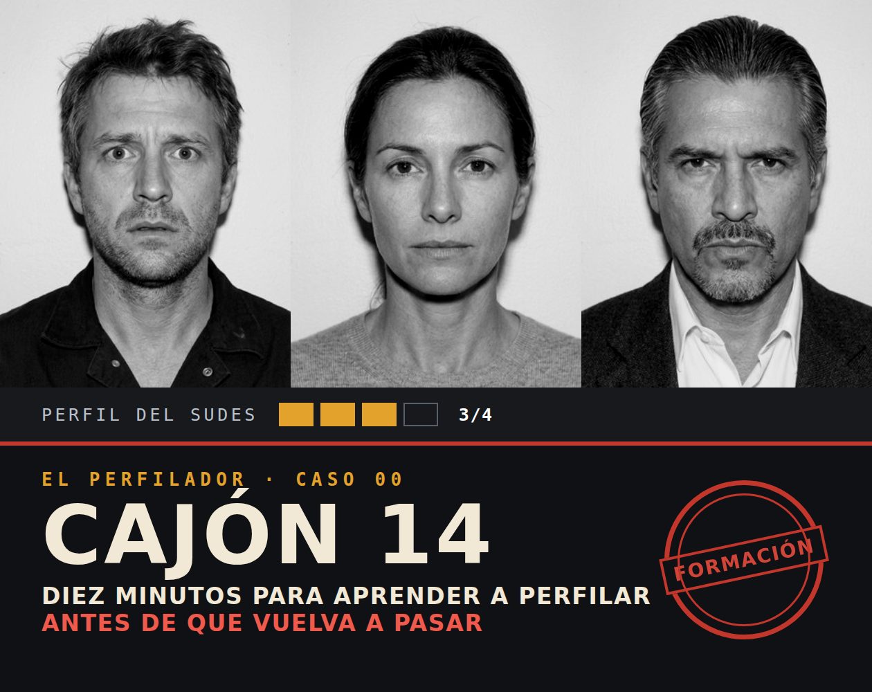 Tres fichas policiales: un técnico de mantenimiento, una investigadora y un coleccionista. Caso 00: Cajón 14, expediente de formación.